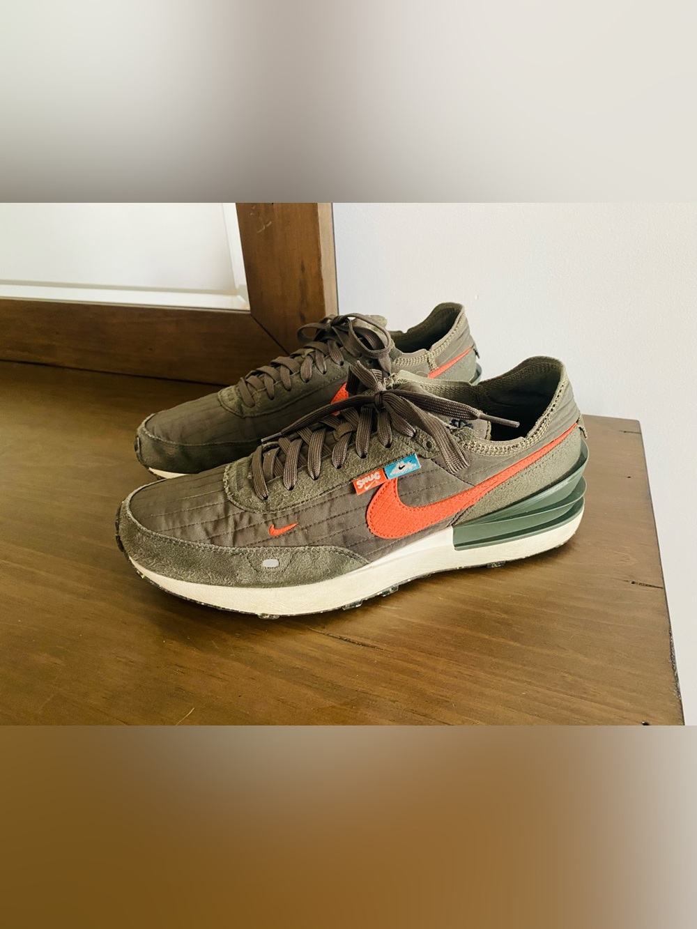 Nike Men's Olive Green Sneakers with Orange Swoosh